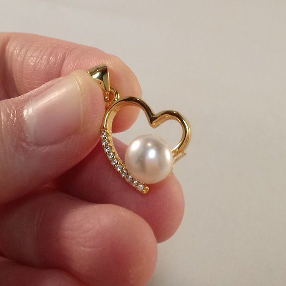 18K Yellow Gold Filled Heart Pearl Diamond Zircon Romantic Necklace Pendant - Picture 4 of 6